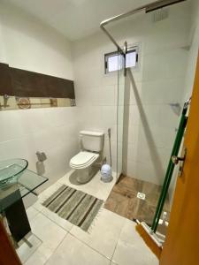 伊瓜苏港Santino Apart的一间带卫生间和玻璃淋浴间的浴室
