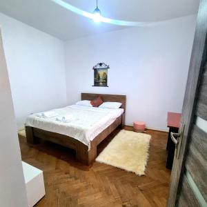 彼得罗沙尼Mural Art Apartament的一间卧室配有一张床和地毯