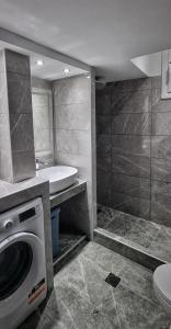 哈尔基斯Mimarxos Luxury Apartments的一间带洗衣机和水槽的浴室