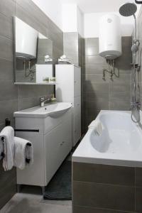 锡吉什瓦拉Casuta cu View的白色的浴室设有水槽和浴缸。