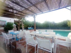 皮萨拉Casa rural la Estrella的一个带桌椅的庭院和一个游泳池