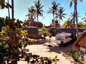 伊尼扬巴内Barra Dica - CAMPING的一辆白色卡车停在一个棕榈树庭院里
