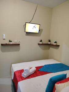 安汶Maluku Residence Syariah的一间设有床铺的客房,墙上配有电视