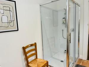 但尼丁Luxurious Home Close to Beach的浴室设有玻璃淋浴间和木椅