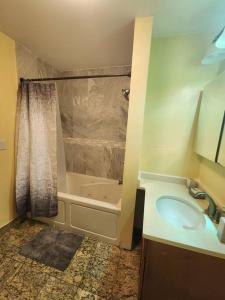联城Classy 3 bed near NYC with view!的带淋浴、盥洗盆和浴缸的浴室