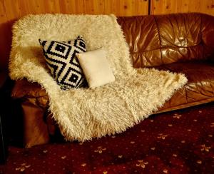 普雷代亚尔Pensiunea Don Sergio的棕色皮沙发,配有两个枕头