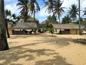 伊尼扬巴内Barra Dica - CAMPING的棕榈树度假村和海滩上的建筑
