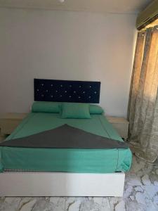 马特鲁港مرسى مطروح的一间卧室配有一张带绿色床单的床和一扇窗户。