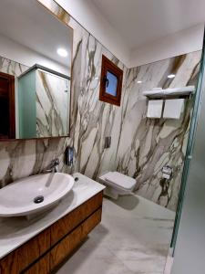 LovechСемеен Хотел Чардаците的一间带水槽、卫生间和镜子的浴室