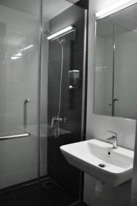 马六甲淡马锡酒店 的浴室配有盥洗盆和带镜子的淋浴