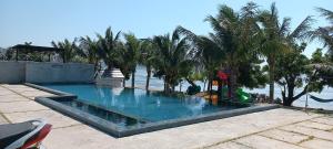 潘郎Myhoa Lagoon - Kiting Town的棕榈树旁的游泳池