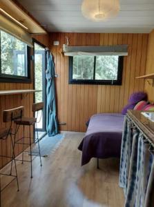 圣马丁德洛斯Hermosa Tiny House con Vista al Chapelco的卧室配有一张床铺,位于带木墙的房间内