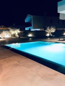 RebićiVilla Istra Relax Diamond的夜晚带灯光的蓝色游泳池
