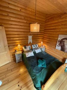 RoubionMagnifique chalet avec SAUNA的小木屋内的一个床位