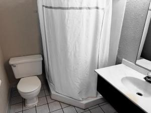海波因特High Point Arcadia Inn的浴室配有卫生间、淋浴和盥洗盆。