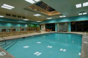 罗利罗利北山希尔顿酒店的大楼内一个蓝色的大型游泳池