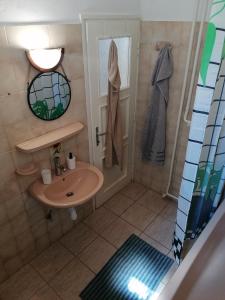克塞洛Hanna 3 Apartman的一间带水槽、镜子和淋浴的浴室