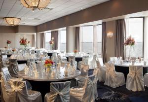 锡布鲁克休斯顿纳萨丽湖希尔顿酒店的宴会厅配有桌椅和窗户。