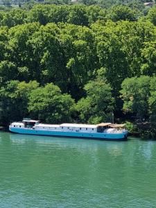 阿维尼翁奥尔西娅船屋的河中蓝色的船