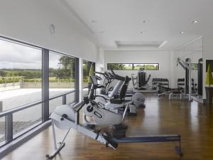 卡文Farnham Estate Spa and Golf Resort的健身房设有跑步机、椭圆机和窗户