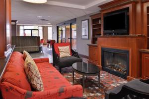 弗吉尼亚海滩诺福克/弗吉尼亚海滩汉普顿酒店的客厅设有红色的沙发和壁炉