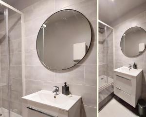 罗阿纳ArtGrey * Idéal Pro * Roanne Secteur Gare et rue piétonnes的浴室的两张照片,配有水槽和镜子