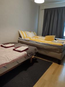 图尔库City apartment Pikkuvuori的带窗户的客房内设有两张单人床。