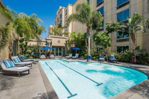 科默斯洛杉机希尔顿逸林酒店的一座游泳池,里面种有椅子和棕榈树