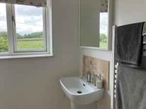坎特伯雷Withy Farm的白色的浴室设有水槽和窗户。