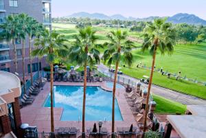 凤凰城Embassy Suites by Hilton Phoenix Scottsdale的棕榈树度假村的游泳池景