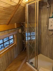 西莫林Woods Meadow Glamping的一间房间里带玻璃门的淋浴