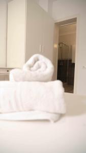 托雷德尔马尔Hostal Paraiso del Mar的浴室的台面上摆放着一堆毛巾