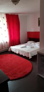 布朗Pensiunea Casa Beatrice Bran的一间带两张床的卧室和红色地毯