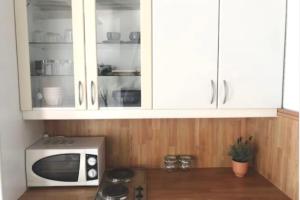 里昂Studio lyonnais calme 4pers Jacobins-Bellecour的厨房配有白色橱柜和微波炉