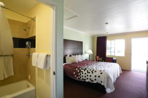 莫罗贝Morro Bay Beach Inn的酒店客房配有一张床和浴缸。