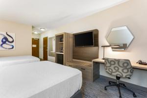 贝尔格莱德贝尔格莱德博兹曼地区智选假日酒店的酒店客房配有一张床、一张书桌和一台电视。