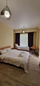 马尔特维利Hotel Canionel的一间大卧室,配有两张床和大窗户