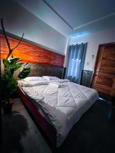 卢纳将军城M-Resort Siargao的一间卧室配有一张大床和木制床头板