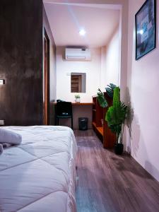 卢纳将军城M-Resort Siargao的一间卧室配有一张床、一张桌子和植物