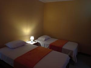 皮斯科Hostal Madrid的一间设有两张床和台灯的房间