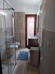 马达莱纳LA Pavoncella的带淋浴、卫生间和盥洗盆的浴室