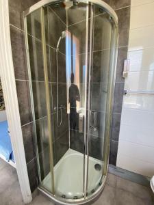 勒卡内Appartement PALOMA Proche Cannes的浴室内带玻璃淋浴间