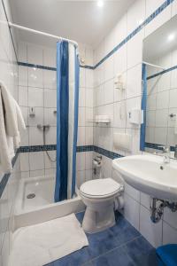 布达佩斯布达佩斯月亮酒店的浴室配有卫生间、盥洗盆和淋浴。
