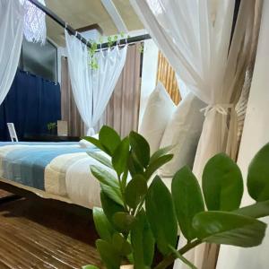 Nabua11th Earth Farm and Resort的一间卧室配有一张带白色窗帘和植物的床