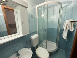 斯韦蒂·斯特凡Apartments Villa Pržno的一间带卫生间和玻璃淋浴间的浴室