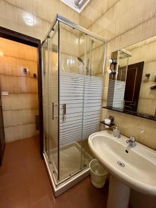 费拉拉迪莫拉800旅馆的一间带玻璃淋浴和水槽的浴室
