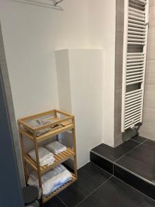 列日Cosy Louvrex -Liège Francorchamps的浴室设有书架、毛巾和窗户