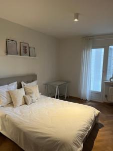 列日Cosy Louvrex -Liège Francorchamps的卧室配有带枕头的大型白色床