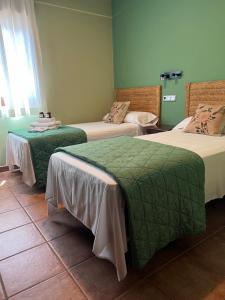 厄尔埃基多HOSTAL TREVELEZ的一间设有三张床的客房,配有绿色和白色的床单