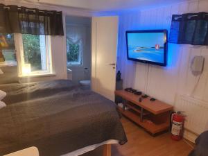 ÅsaHumlebo的卧室配有一张床,墙上配有电视。